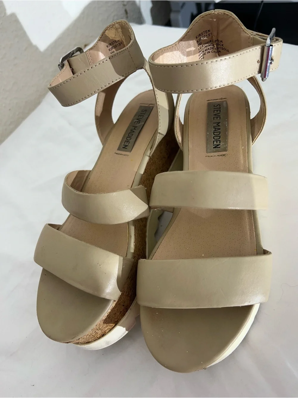 Steve Madden Beige Cork Platform Sandals with Ankle Buckle